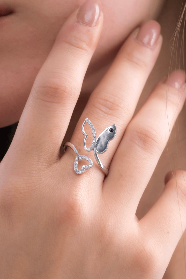 Zircon Blue Butterfly & Heart Ring