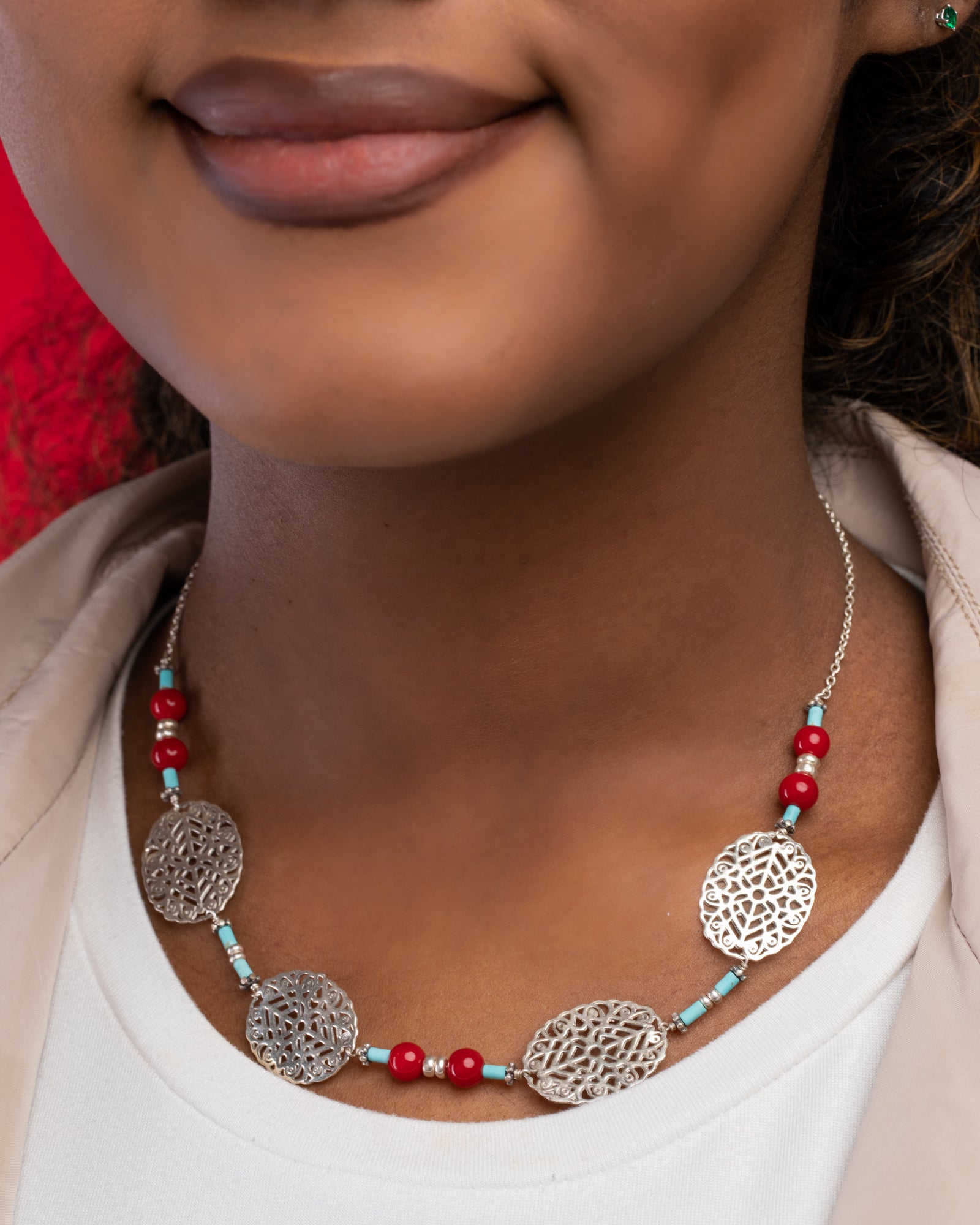 Red and Turquoise Oval Necklace