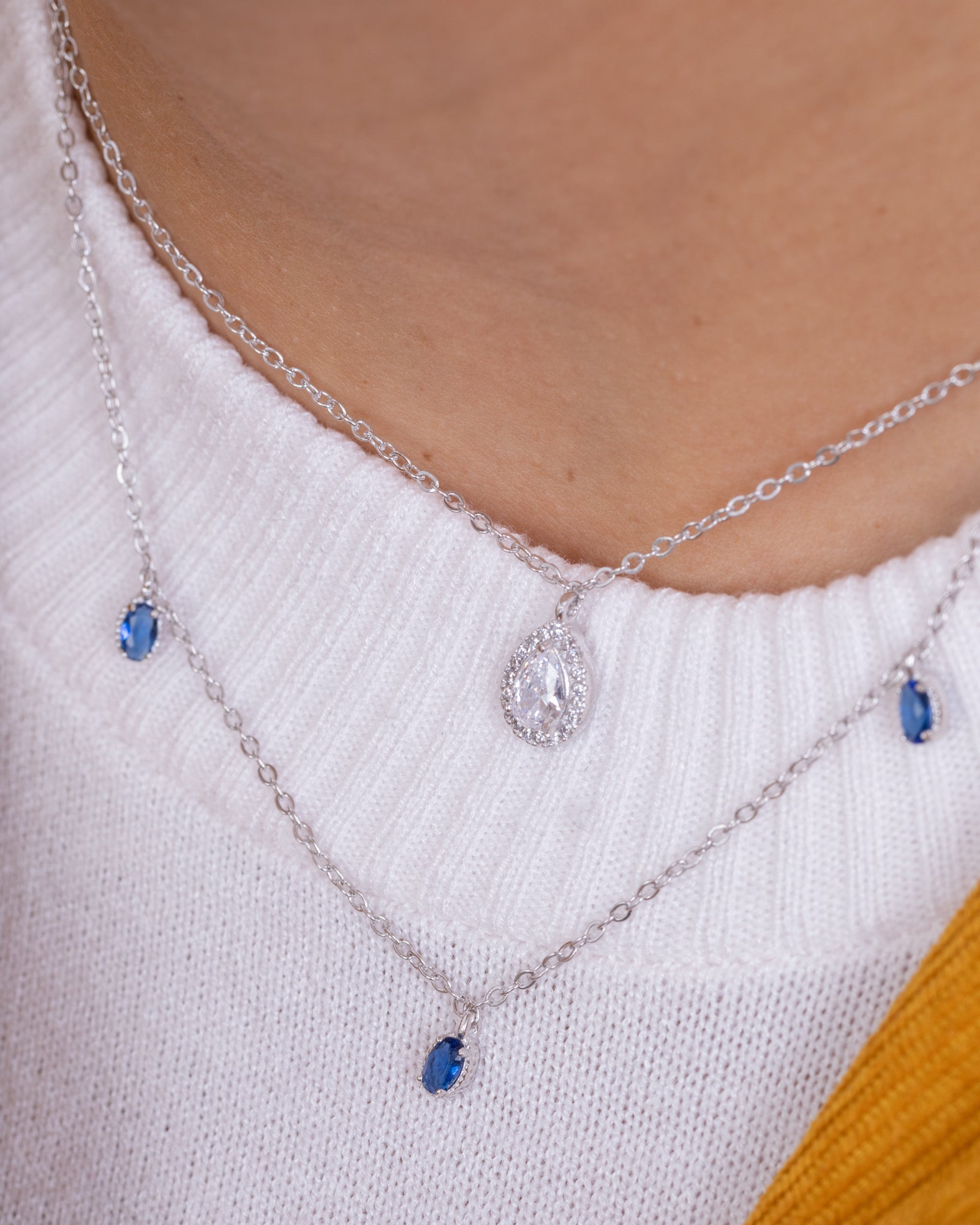 Zircon Oval Blue Double layer (01) Necklace