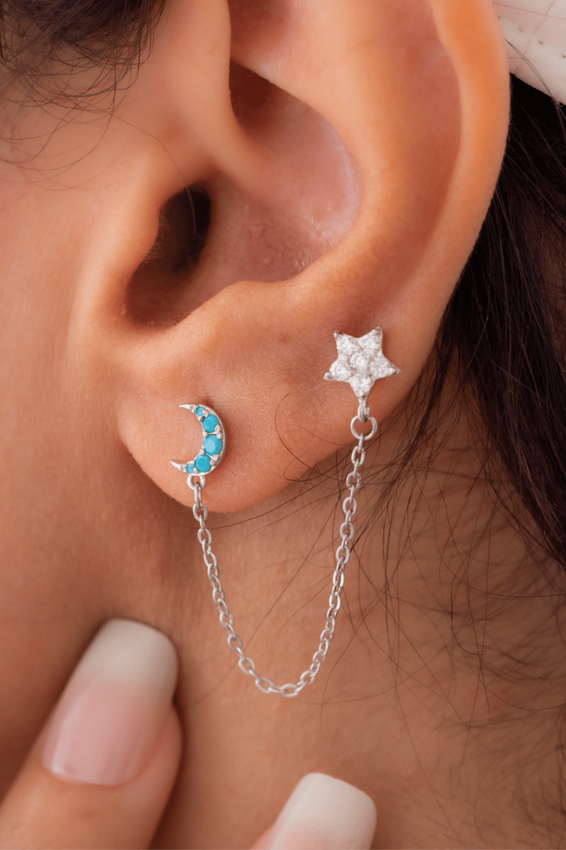 Zircon Turquoise Crescent star Earring