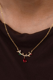 Zircon Red Oval & Colored Leaf Gold Plated Necklace