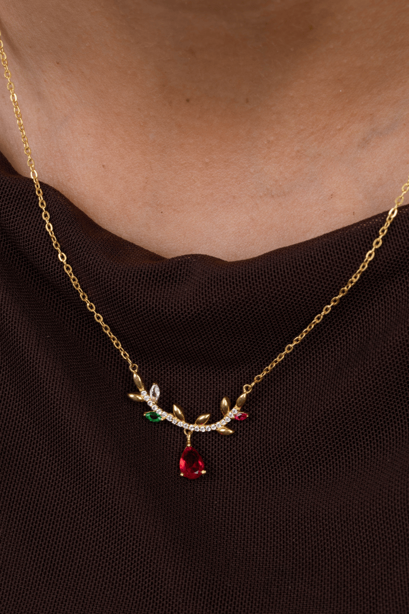 Zircon Red Oval & Colored Leaf Gold Plated Necklace
