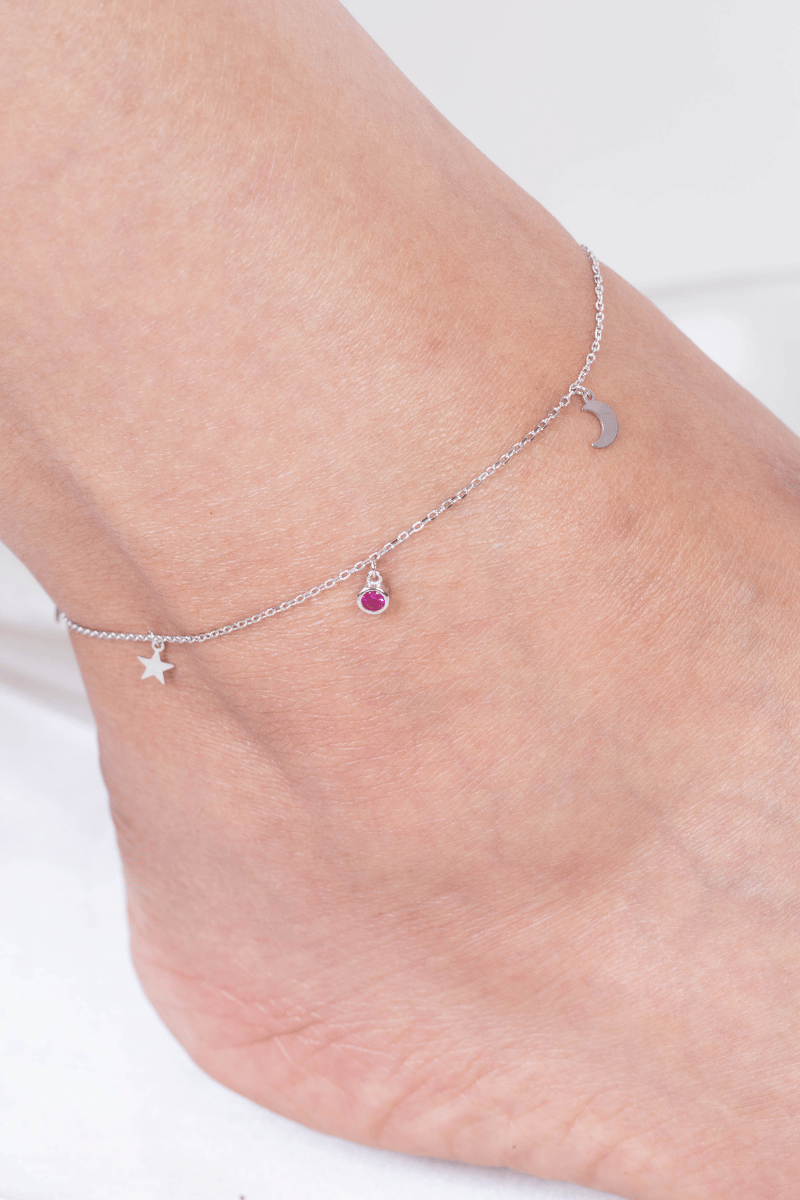 Zircon Fuchsia Crescent Star Anklet