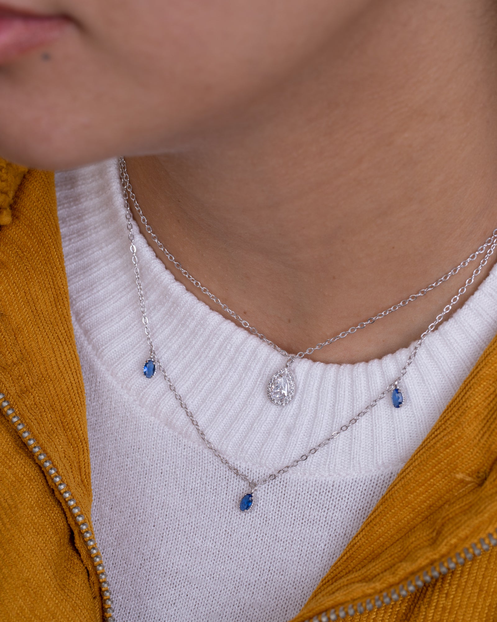 Zircon Oval Blue Double layer (01) Necklace