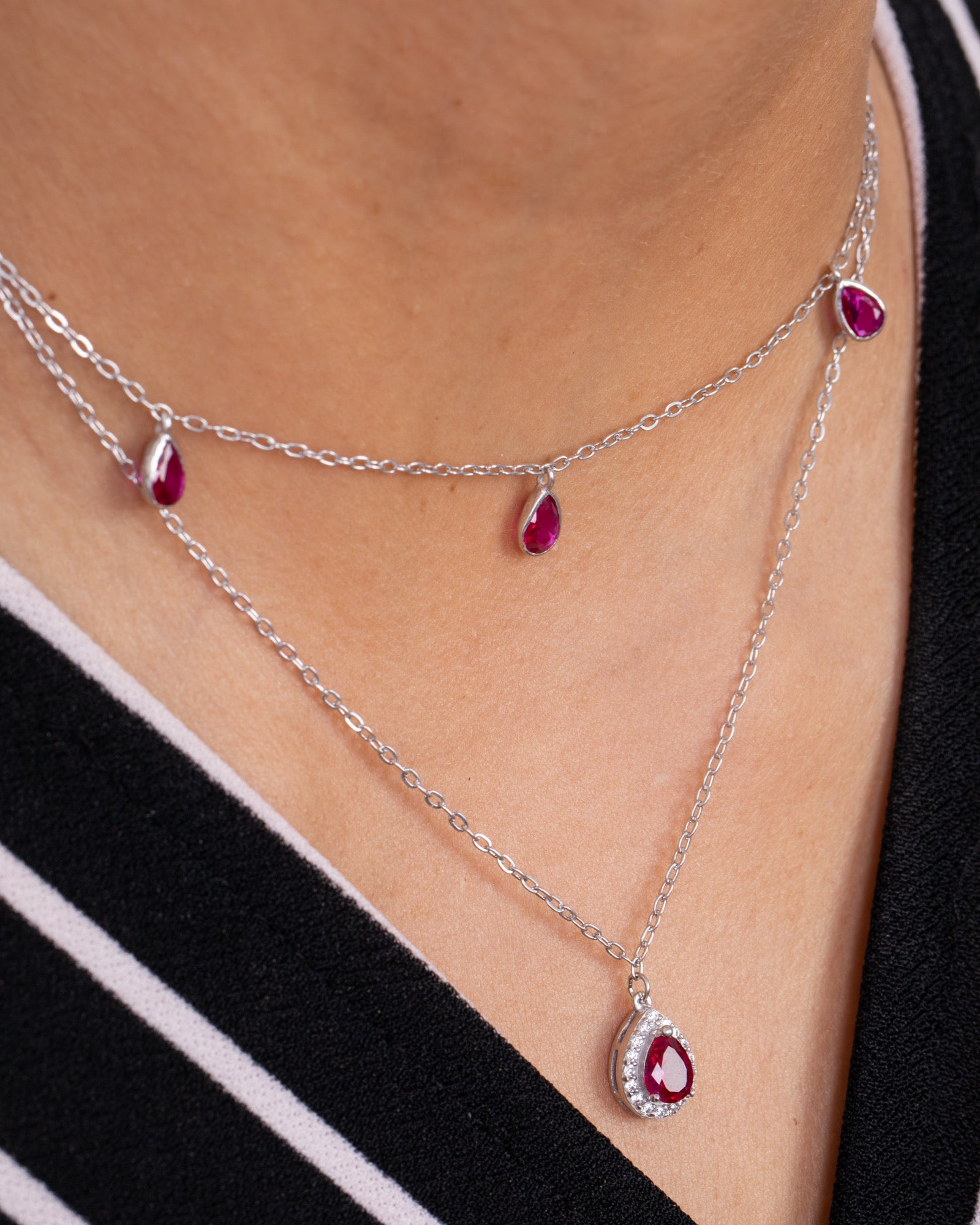 Zircon Oval Fuchsia Double Layer Necklace