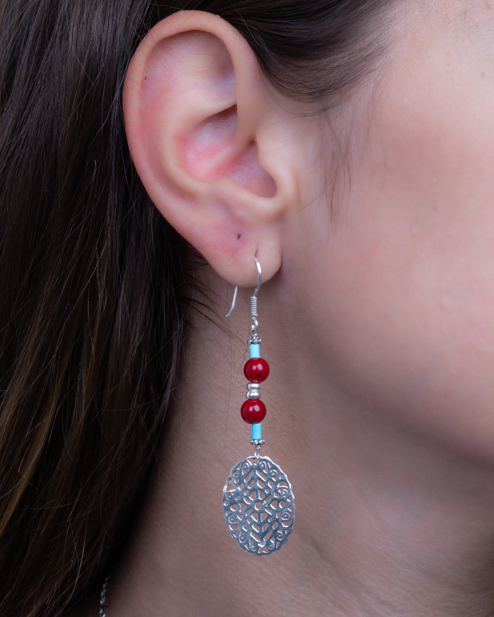 Red and Turquoise Oval Earring