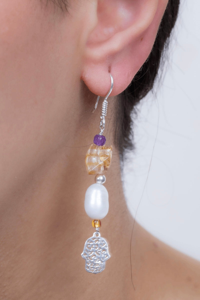 stones and pearl hand earring
