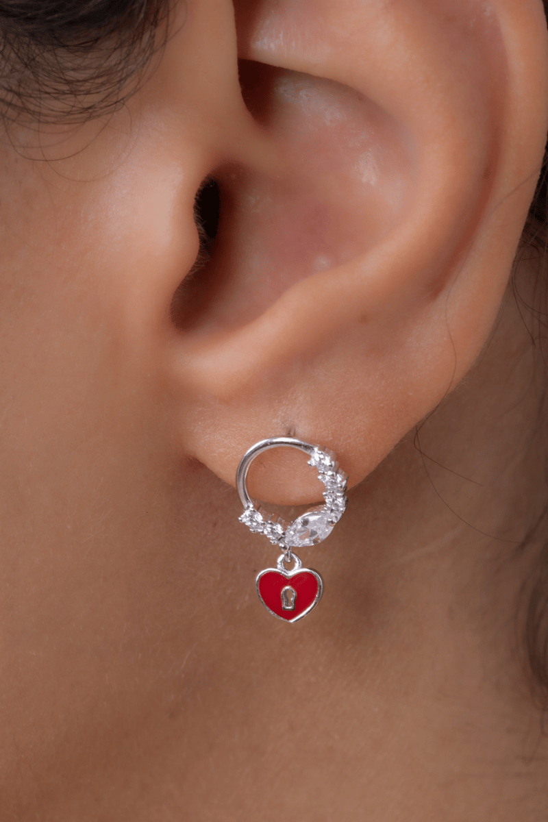 Zircon Red Heart & Key Earring