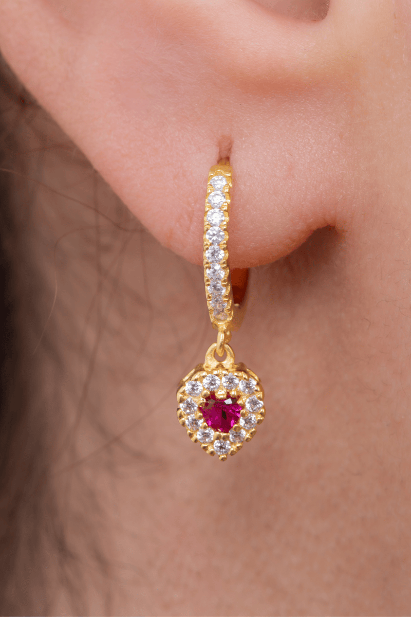 Zircon Fuchia Circle  Gold Plated Hoop Earring